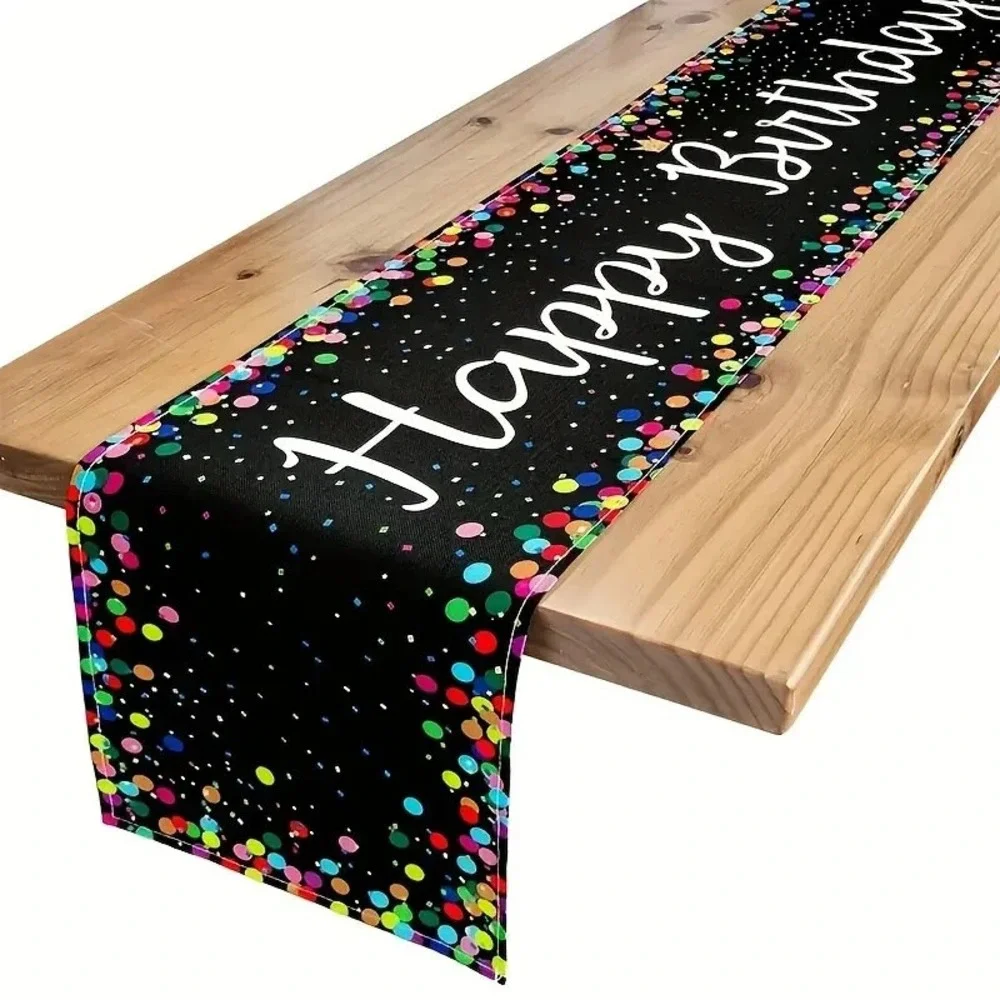 Happy Birthday Table Runner 72 Inches Celebrate Party Black Polyester Linen
